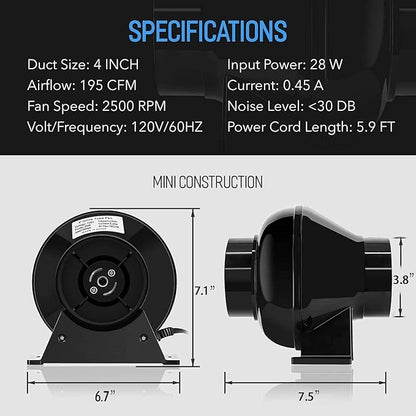 HealSmart 4 Inch 195 CFM Exhaust Inline Vent Booster Blower and 25 Feet - Image 4