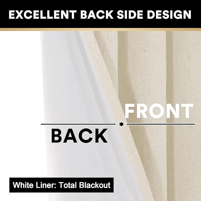 PrinceDeco Linen Texture Curtains 100% Blackout Curtains 90 inch Long 2 Panels - Image 5