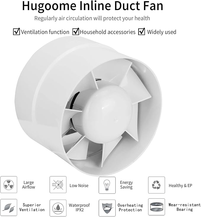HUGOOME Inline Duct Fan 4 Inch Vent Booster, HVAC Exhaust Intake Fans 76 CFM - Image 6
