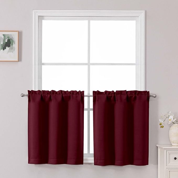 Chyhomenyc Short Burgundy Curtains 24 Inch Length, Small Kitchen Curtain Rod by Chyhomenyc