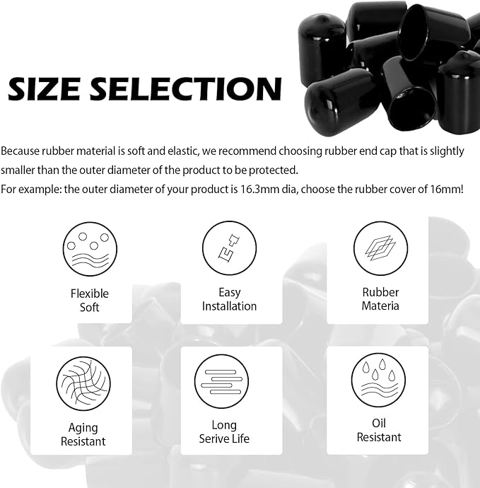 10 PCS Black Round Vinyl Rubber End Caps Kits, Flexible Screw Thread Protectors - Image 3