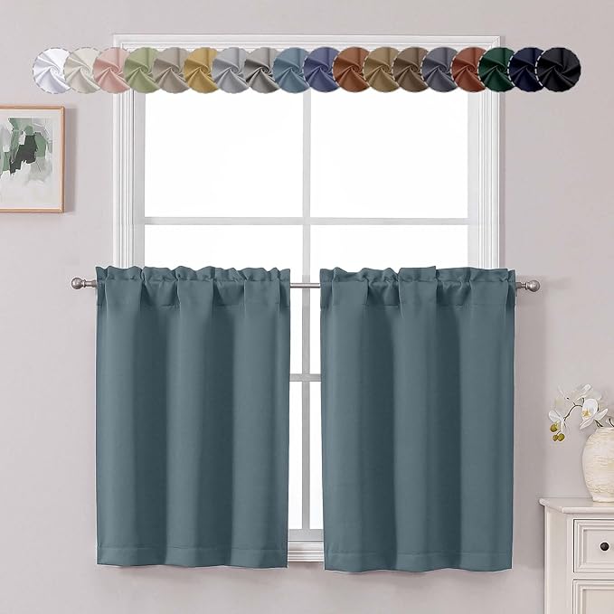 Chyhomenyc Stone Blue Short Blackout Curtains 30 Inch Length, Small Kitchen by Chyhomenyc