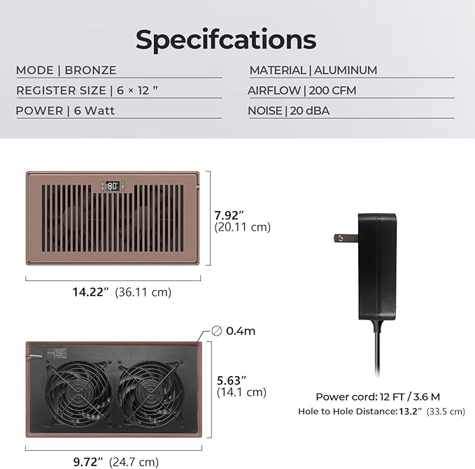 Quiet Register Booster Fan Fits 6" x 12" Register Holes, 10-Speed Smart Heating - Image 6