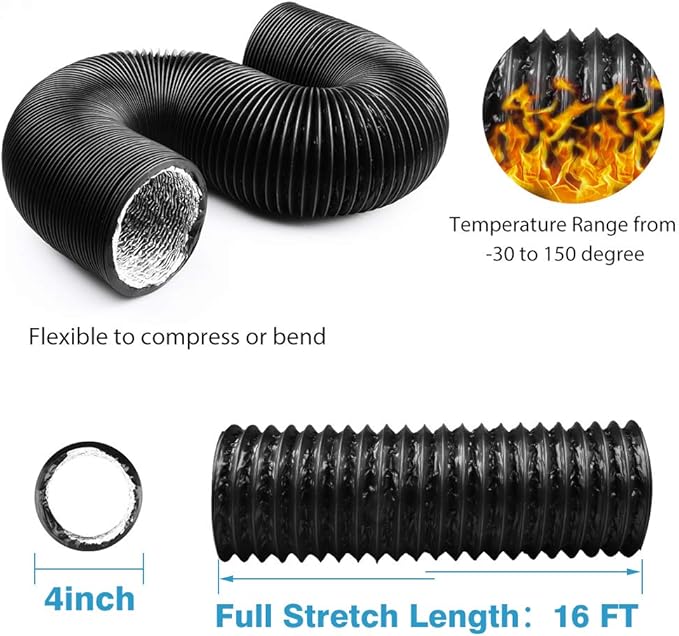 4 Inch 16FT Air Duct, Non-Insulated Flexible Aluminum Dryer Vent Hose - Image 2