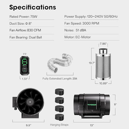 VIVOSUN Smart Air Filtration S8 Kit 8", AeroZesh S8 Inline Duct Fan - Image 8