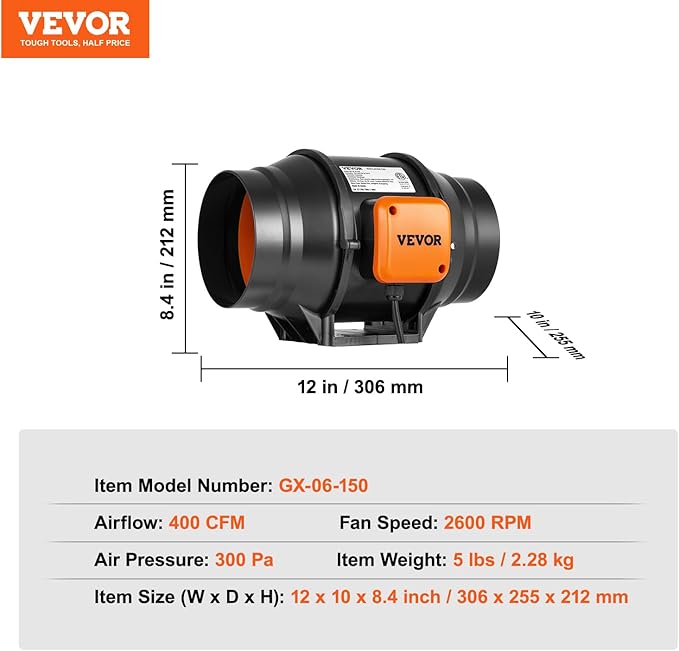 VEVOR Inline Duct Fan, 6-Inch 400 CFM - Image 7