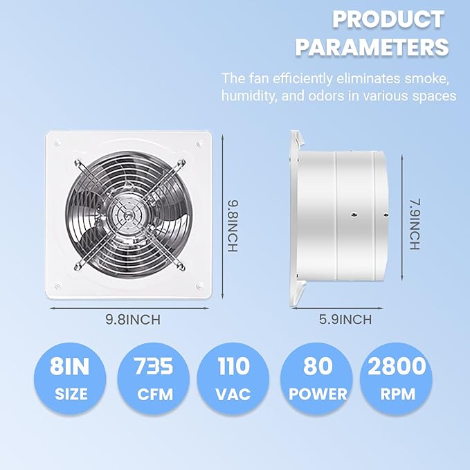8 inch Exhaust Fan, 735CFM Wall Mounted Vent Fans, Ventilation Blower - Image 3
