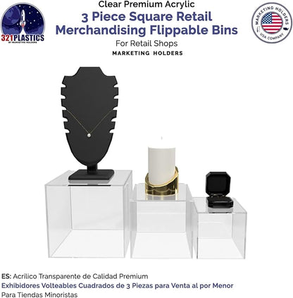 3 Piece Display Boxes Clear Acrylic Four Five Six Inch Pedestal Bins Open - Image 3