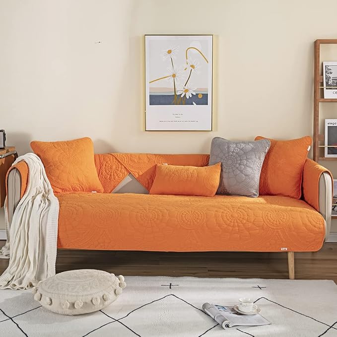 vctops Boho Circle Embroidery Couch Sofa Cover Solid Color Cotton Quilted - Image 2
