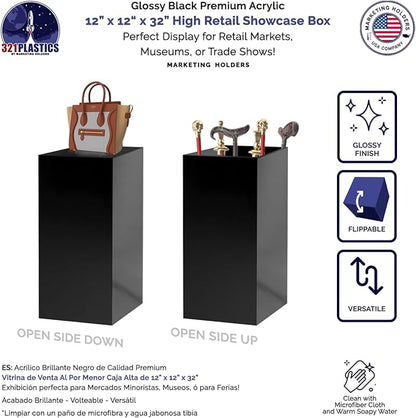 One Piece Acrylic Pedestal Art Stand Glossy Black Display No Lid 12" x 12" x - Image 2