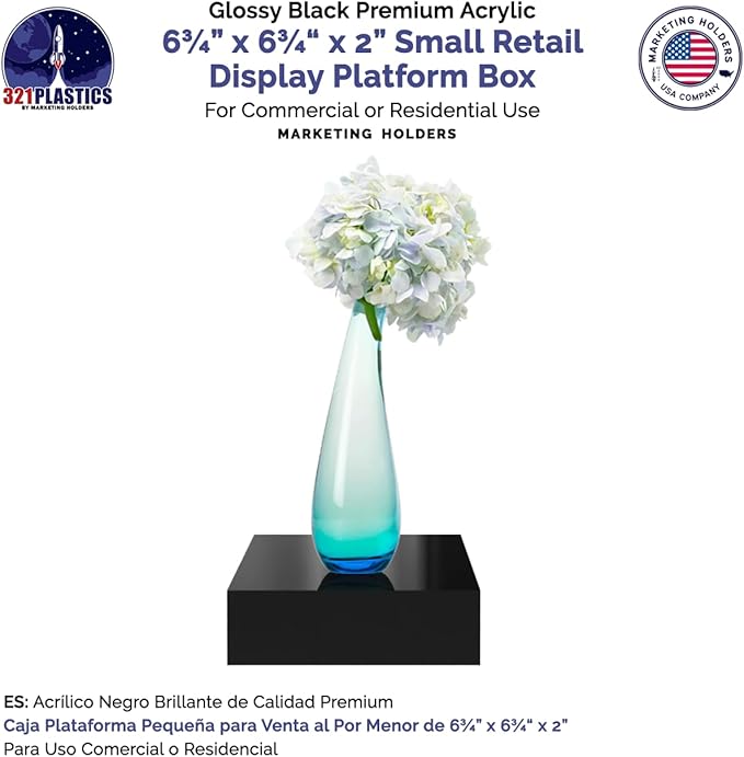 Black Acrylic Display Box Versatile 5 Sided Pedestal 6.75" x 6.75" x 2 Inch - Image 5