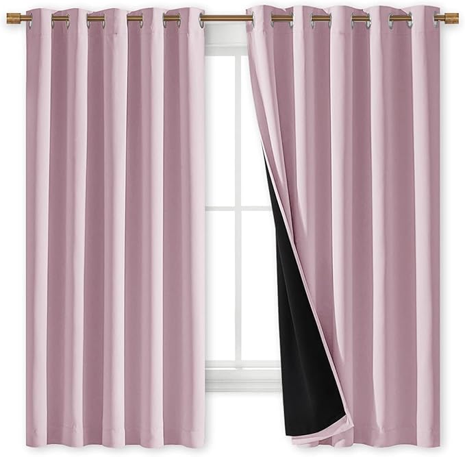 NICETOWN 100% Blackout Lined Curtains, Baby Pink, 1 Pair, 2 Thick Layers - Image 2