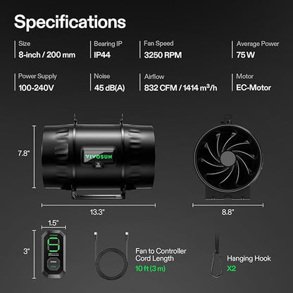 VIVOSUN T8 8" Inline Duct Fan & 3 Cycle Modes E12 Speed Controller, AeroZesh - Image 8
