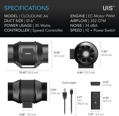 AC Infinity CLOUDLINE A6, Quiet 6” Inline Duct Fan - Image 6