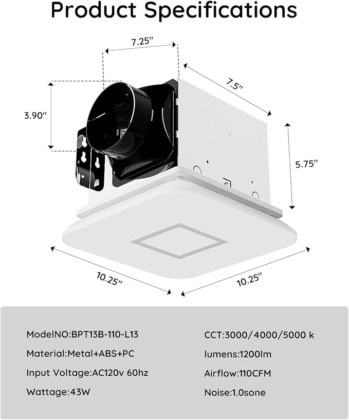 Fitop Bathroom Fan with Light，110CFM 1.0 Sones 1200lm LED Light - Image 7