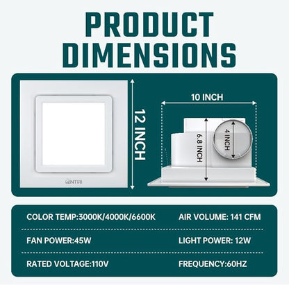 Bathroom Exhaust Fan with Light, 12 INCH, Upgraded Quiet Square Vent Fans with - Image 2