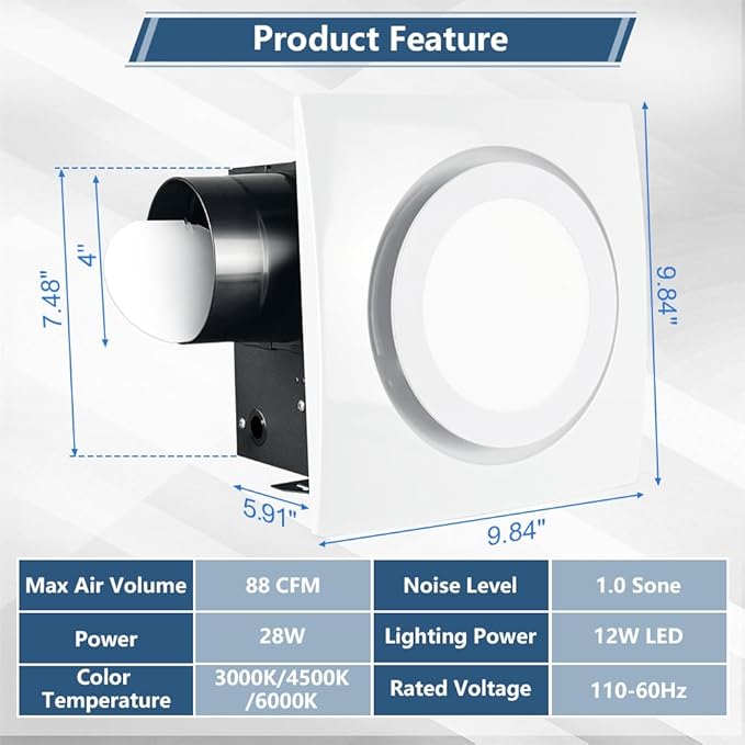 Bathroom Exhaust Fan with Light 88CFM 1.0 Sone, Quiet 28W Bath Shower Fan 3CCT - Image 4