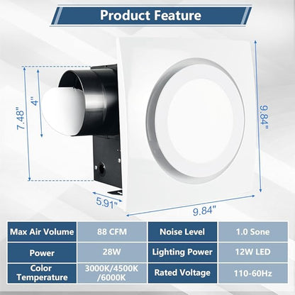 Bathroom Exhaust Fan with Light 88CFM 1.0 Sone, Quiet 28W Bath Shower Fan 3CCT - Image 4