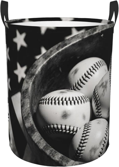 Vintage Baseballs Retro Flag Display Design Round Laundry Hamper Bag - Image 2