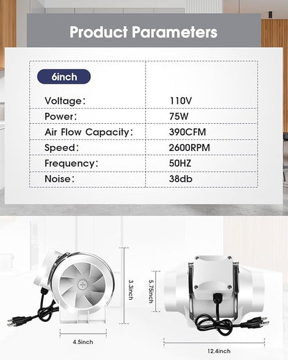 Duct Fan, 6 Inch Inline Fan 390 CFM Duct Fans, Inline Ventilation Exhaust - Image 5