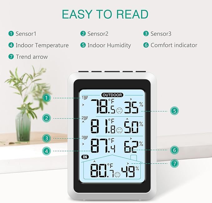 ORIA 3 Sensor Wireless Indoor Outdoor Thermometer Hygrometer, Digital - Image 3