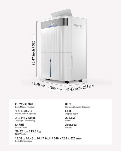 VEVOR 80 Pints Dehumidifier for Home & Basement, 4500 Sq.Ft Large Coverage - Image 7