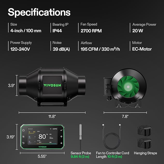 VIVOSUN G4 4" Inline Duct Fan & Temperature Humidity Controller, E42A+ WiFi-App - Image 9