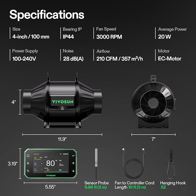 VIVOSUN T4 4" Inline Duct Fan & Temperature Humidity Controller, E42A+ WiFi-App - Image 9