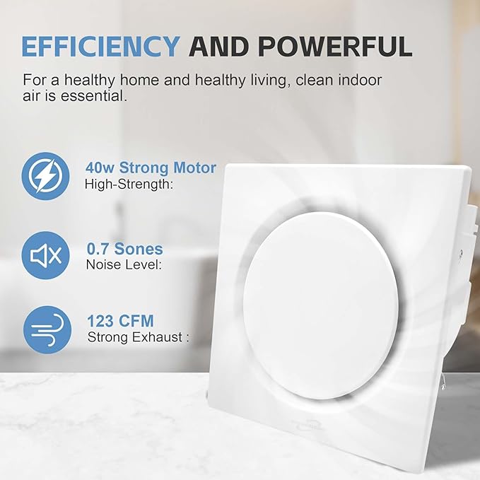 Bathroom Fan Ultra-Quiet Bathroom Ventilation, Exhaust Fan, 123CFM 0.7 Sones 40W - Image 3