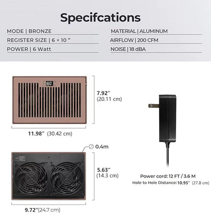 Quiet Register Booster Fan Fits 6" x 10" Register Holes, 10-Speed Smart Heating - Image 6