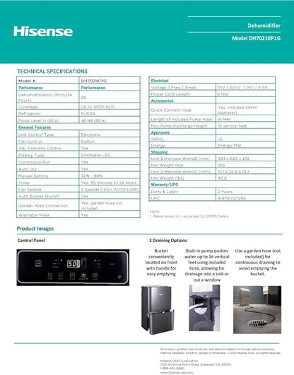 Hisense 50-Pint 3-Speed Built-in Pump Dehumidifier, 3 Modes, LED display - Image 4