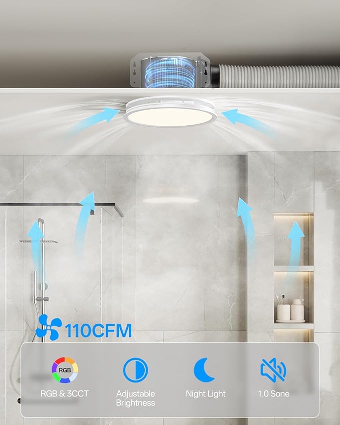 Bathroom Exhaust Fan with RGB Lights, 110CFM/1.0 Sones Vent Fan with 3 Color - Image 9