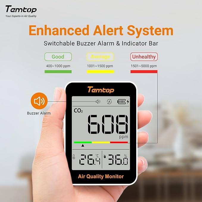 Temtop CO2 Monitor Indoor air Quality Monitor Portable CO2 Meter, Temperature - Image 4
