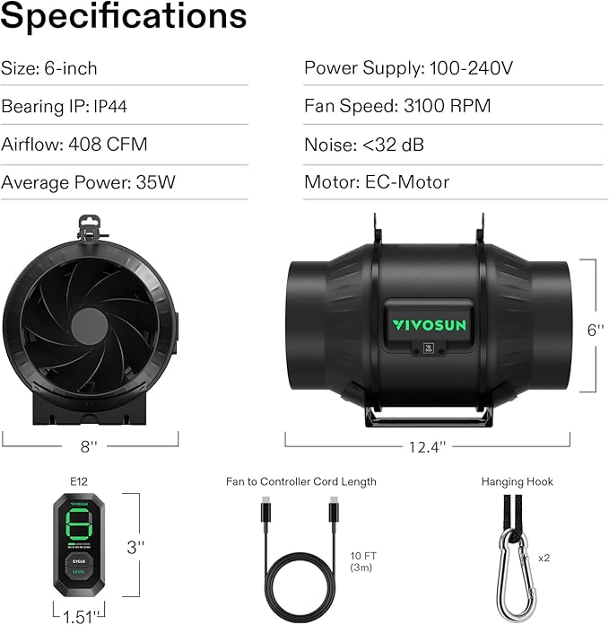 VIVOSUN T6 6" Inline Fan &Speed Controller, AeroZesh Ventilation Fan - Image 9