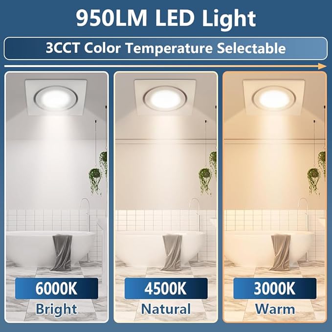 Bathroom Exhaust Fan with Light 88CFM 1.0 Sone, Quiet 28W Bath Shower Fan 3CCT - Image 3