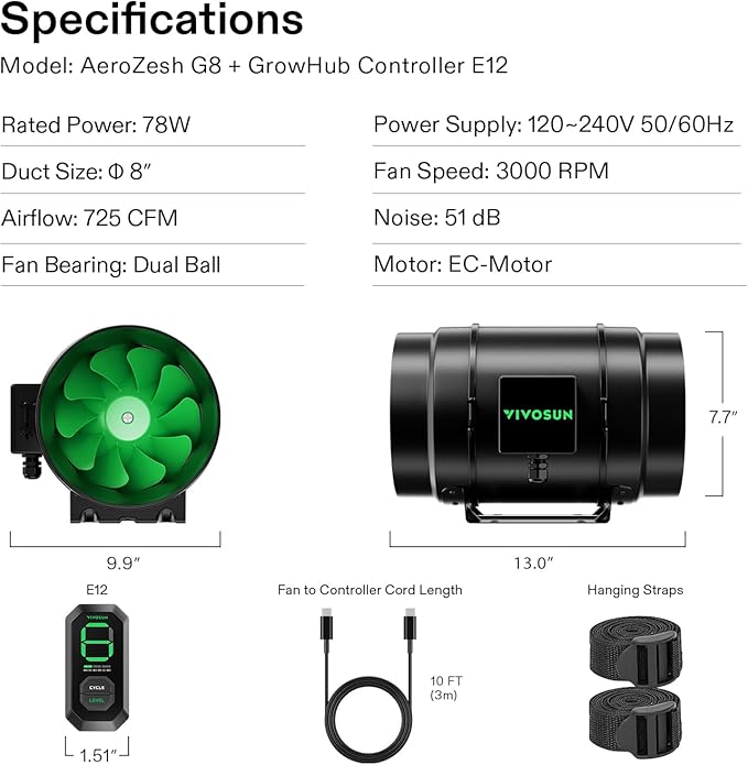 VIVOSUN G8 8" Inline Duct Fan & 3 Cycle Modes E12 Speed Controller, AeroZesh - Image 9