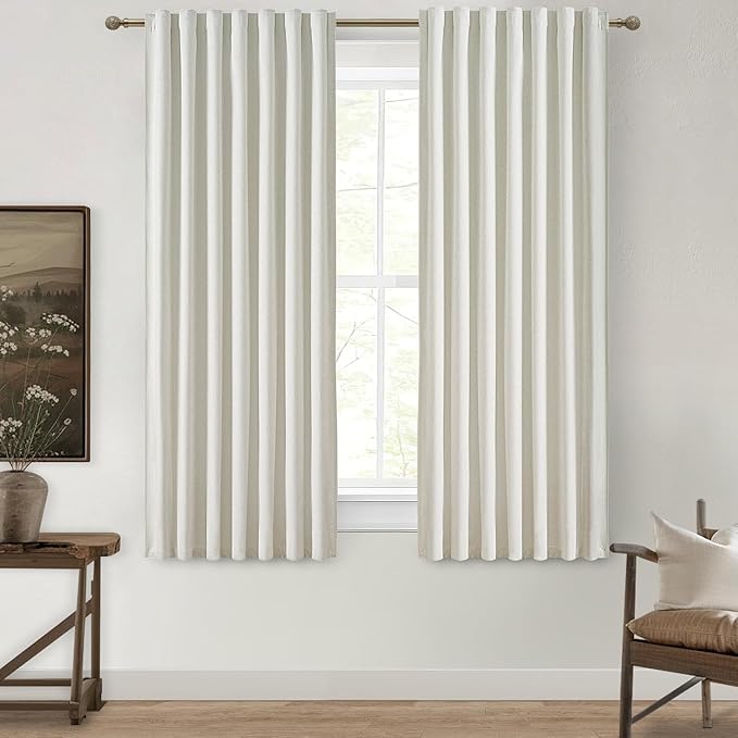 Beige White 54 Inch Curtains Sunblock Curtains by QJMYDECO