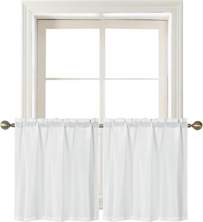 Home Queen White Waffle Bathroom Window Curtains, Water Repellent Rod Pocket by HomeQueen