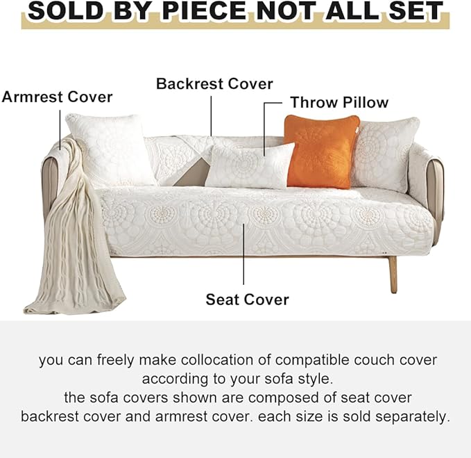 vctops Boho Circle Embroidery Couch Sofa Cover Solid Color Cotton Quilted - Image 6