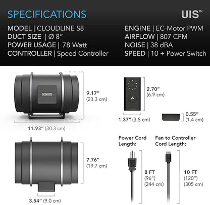 AC Infinity CLOUDLINE S8 PRO, Quiet 8” Inline Duct Fan - Image 6