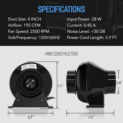 iPower 4 Inch 195 CFM Inline Duct Ventilation Exhaust Fan, 8 Feet Ducting and - Image 4