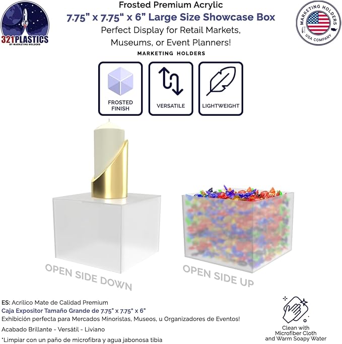 Frosted Acrylic Display Box Versatile 5 Sided Pedestal No Lid 7.75" x 7.75" x - Image 3
