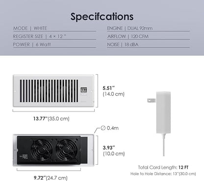 Quiet Register Booster Fan Fits 4" x 12" Register Holes, 10-Speed Smart Heating - Image 6
