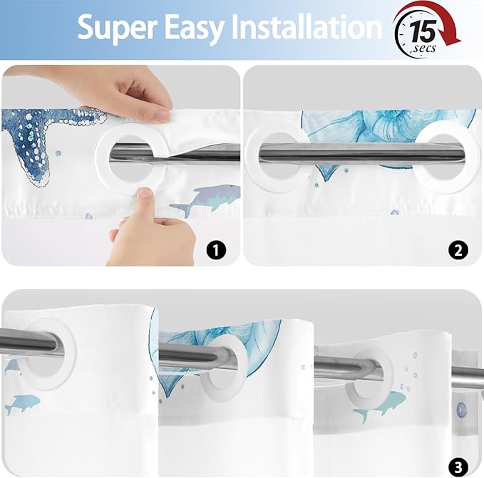 No Hook Shower Curtain with Snap in Liner, Beach Ocean Nautical Coastal Shower - Image 6