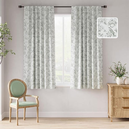 jinchan 95% Blackout Floral Curtains 63 Inch Length, Printed Flower Sage Green by JINCHAN