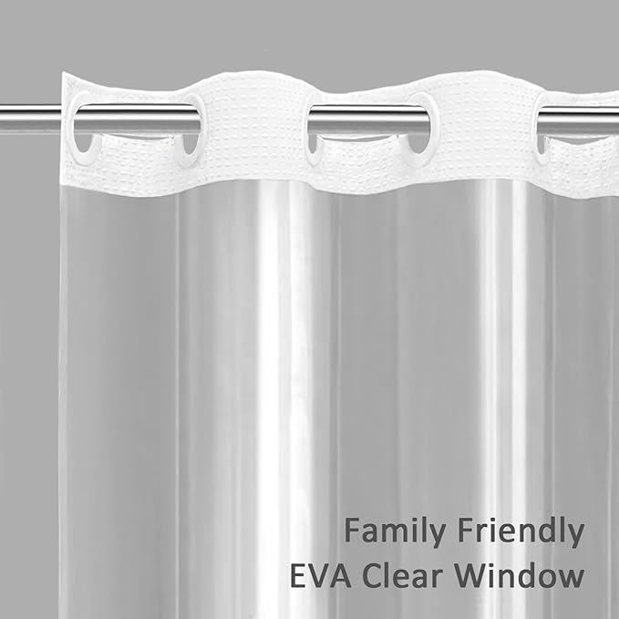 No Hook Shower Curtain with Fabric Liner White Hotel Waffle 75" L x 72" W - Image 2