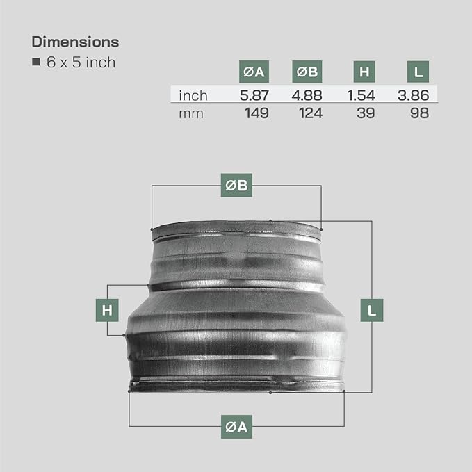 Vent Systems 6" inch to 5" inch Duct Reducer Adapter Connector Fitting Pipe - Image 2