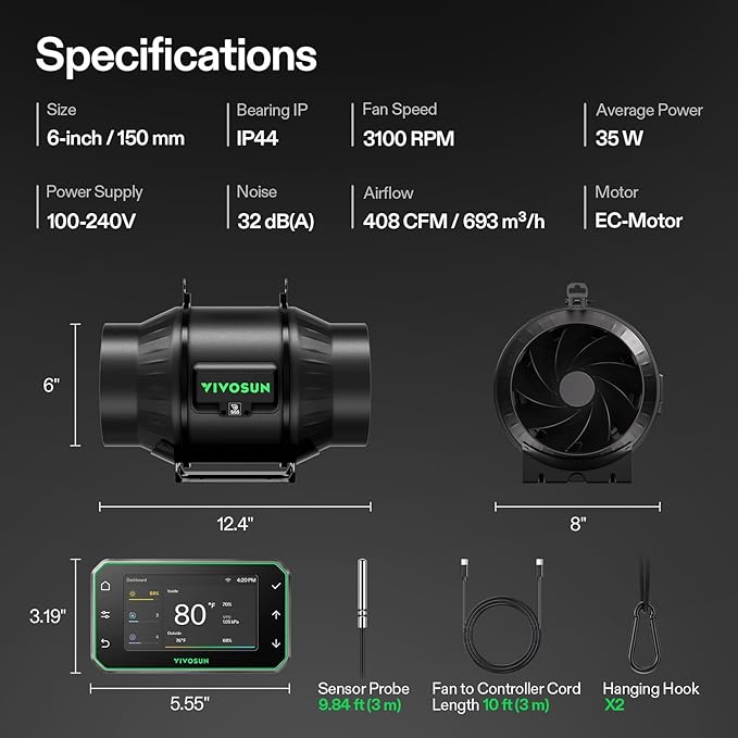 VIVOSUN T6 6" Inline Duct Fan & Temperature Humidity Controller, E42A+ WiFi-App - Image 9