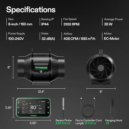 VIVOSUN T6 6" Inline Duct Fan & Temperature Humidity Controller, E42A+ WiFi-App - Image 9