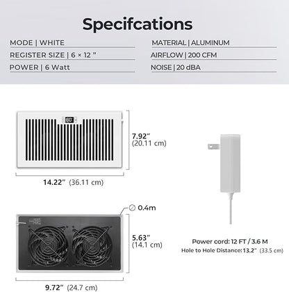 Quiet Register Booster Fan Fits 6" x 12" Register Holes, 10-Speed Smart Heating - Image 6